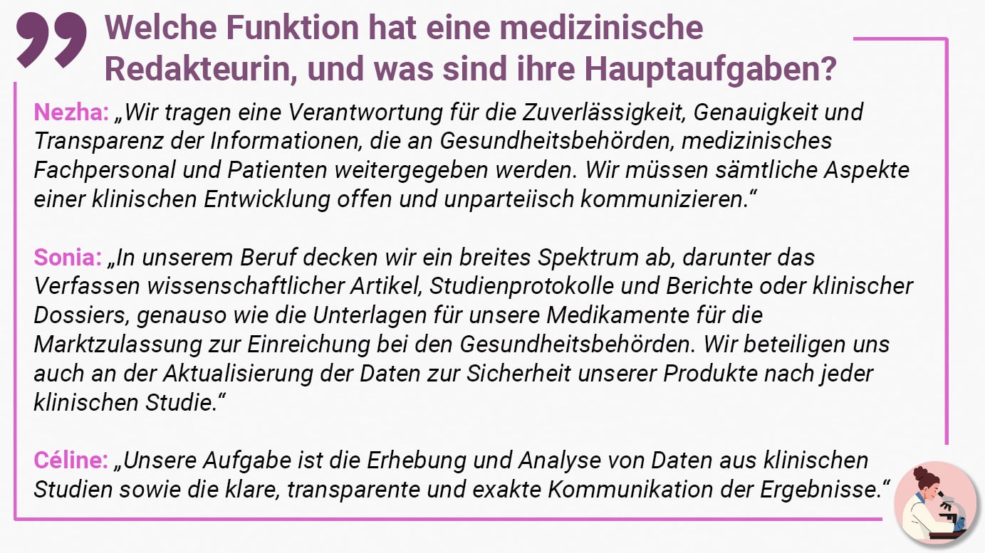 Welche Funktion hat eine medizinische Redakteurin, und was sind ihre Hauptaufgaben? Nezha: „Wir tragen eine Verantwortung für die Zuverlässigkeit, Genauigkeit und Transparenz der Informationen, die an Gesundheitsbehörden, medizinisches Fachpersonal und Patienten weitergegeben werden. Wir müssen sämtliche Aspekte einer klinischen Entwicklung offen und unparteiisch kommunizieren.“ Sonia: „In unserem Beruf decken wir ein breites Spektrum ab, darunter das Verfassen wissenschaftlicher Artikel, Studienprotokolle und Berichte oder klinischer Dossiers, genauso wie die Unterlagen für unsere Medikamente für die Marktzulassung zur Einreichung bei den Gesundheitsbehörden. Wir beteiligen uns auch an der Aktualisierung der Daten zur Sicherheit unserer Produkte nach jeder klinischen Studie.“ Céline: „Unsere Aufgabe ist die Erhebung und Analyse von Daten aus klinischen Studien sowie die klare, transparente und exakte Kommunikation der Ergebnisse.“